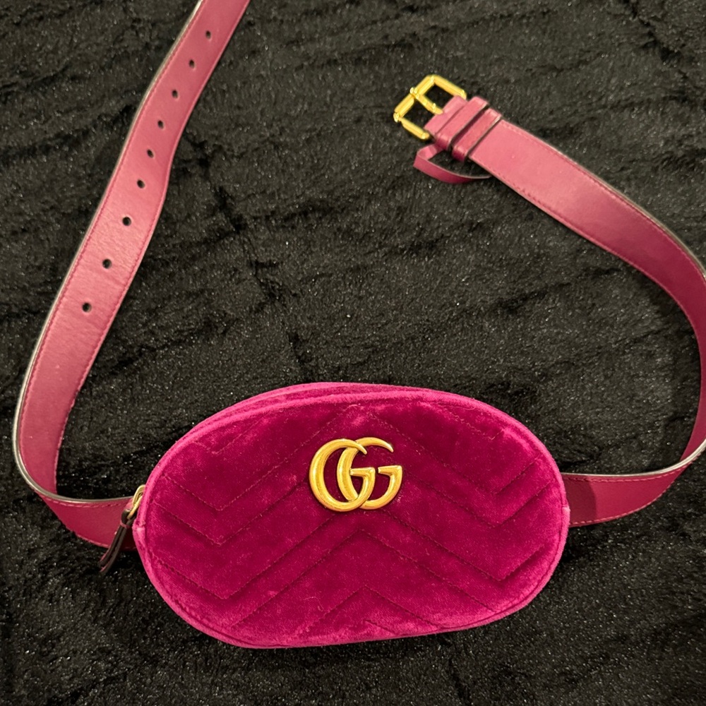 Gucci Velvet Matelasse GG Marmont Belt Bag 75 30 Fuchsia Violet Cyclamen